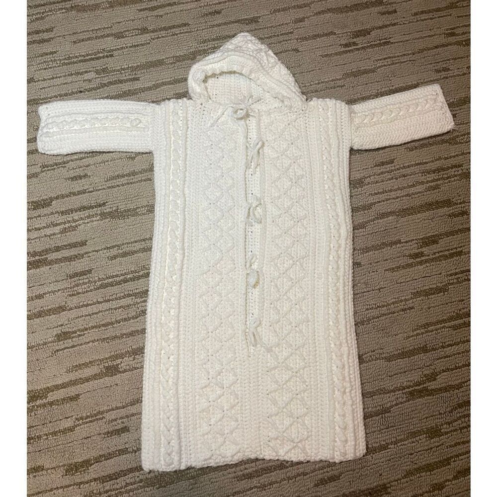 Vintage White Handmade Crochet hooded cable knit baby bunting Warm Thick Cozy